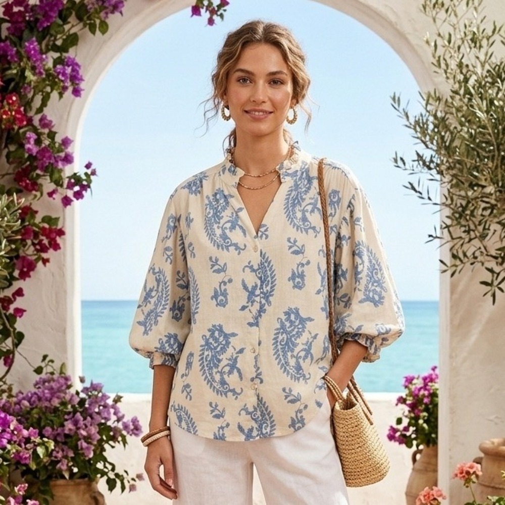Womens Blue Cream Damask Paisley Puff Sleeve Ruffle Blouse Button Oversized Sm